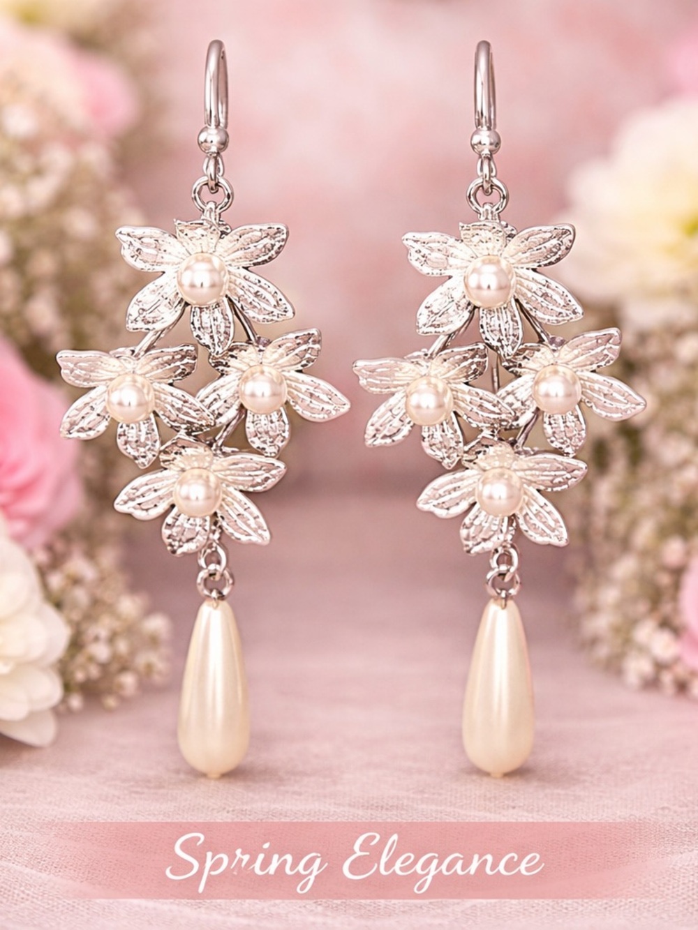 Paparazzi Floral Pearl Drop Earrings White Silver Tone 3”